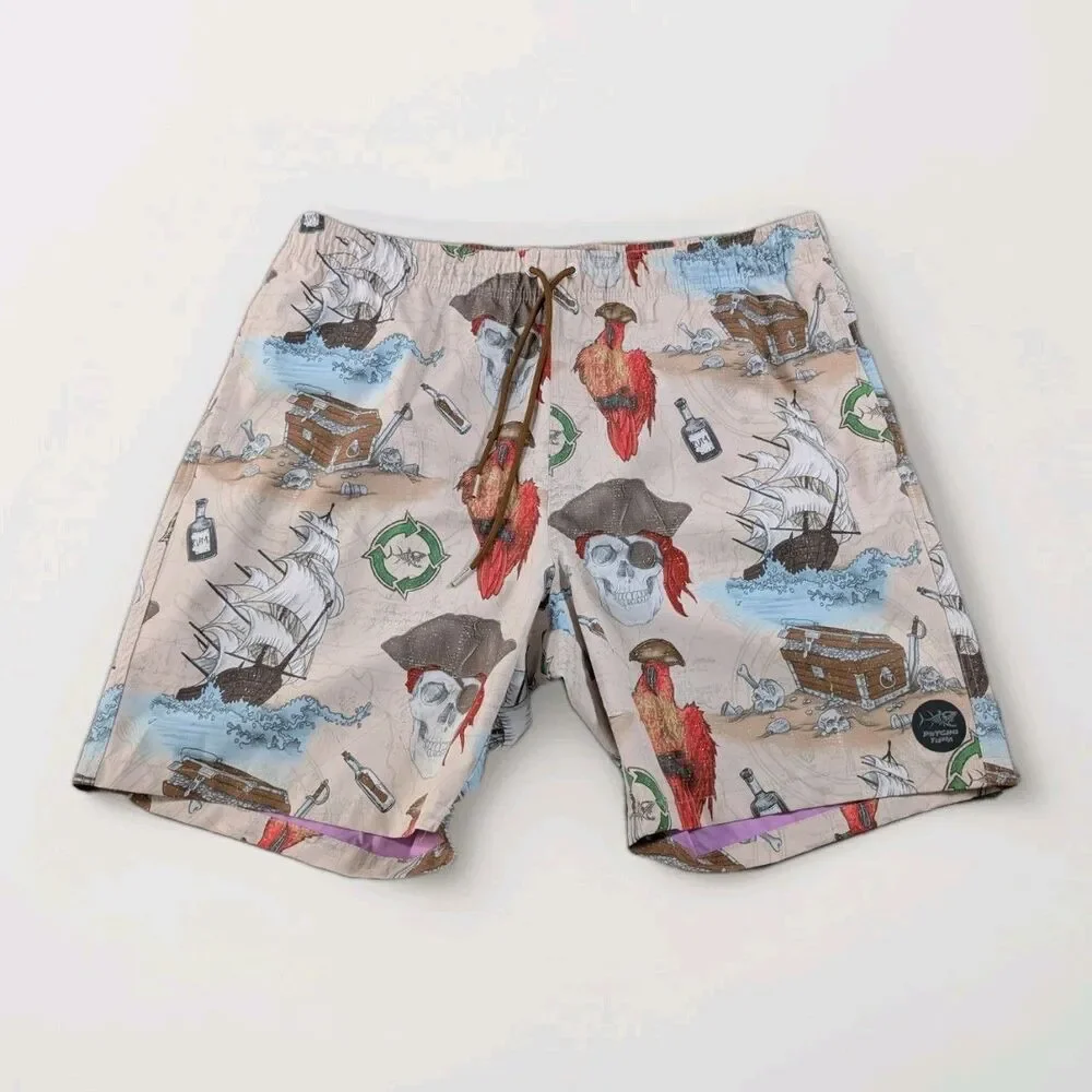 Psycho Tuna Skull Board Shorts Mens XXL Parrot Swim Trunks Drawstring